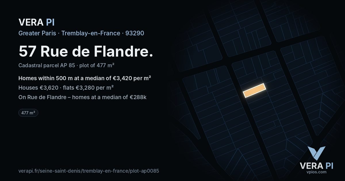 57 Rue de Flandre, Tremblay-en-France at night – the plot lit, the parcels around coloured by the prices near them