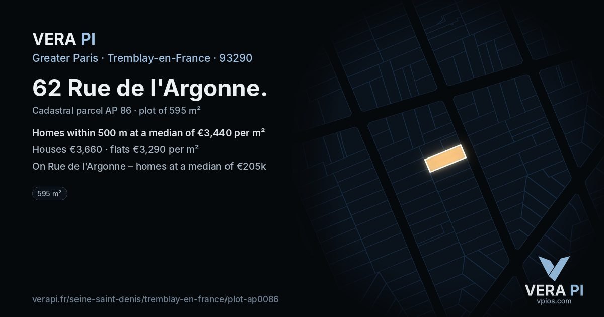62 Rue de l'Argonne, Tremblay-en-France at night – the plot lit, the parcels around coloured by the prices near them