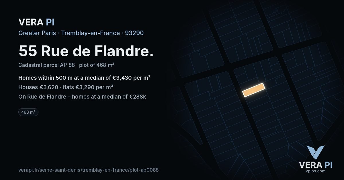 55 Rue de Flandre, Tremblay-en-France at night – the plot lit, the parcels around coloured by the prices near them