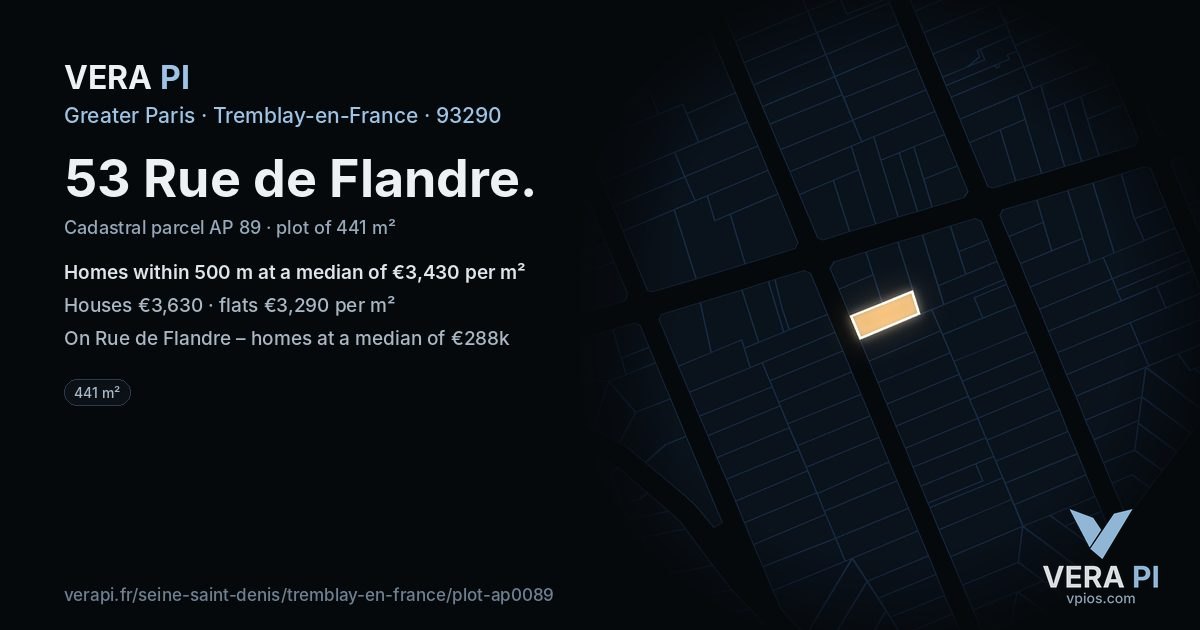 53 Rue de Flandre, Tremblay-en-France at night – the plot lit, the parcels around coloured by the prices near them