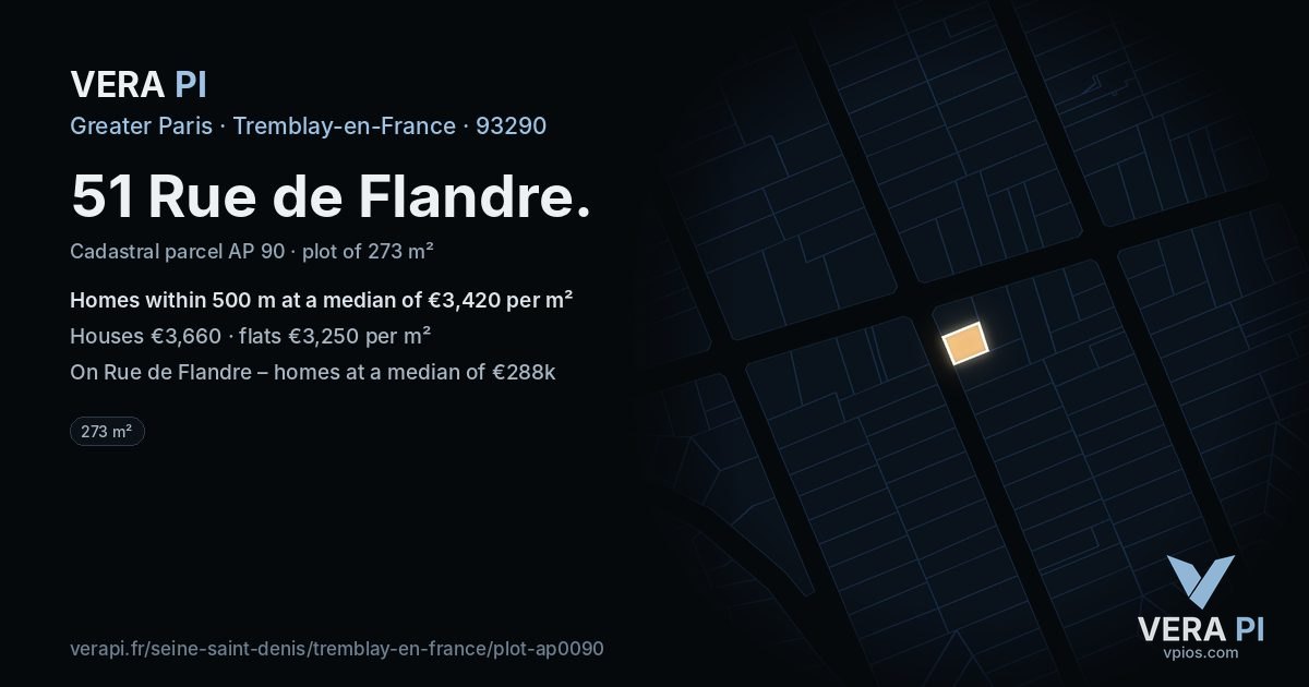 51 Rue de Flandre, Tremblay-en-France at night – the plot lit, the parcels around coloured by the prices near them