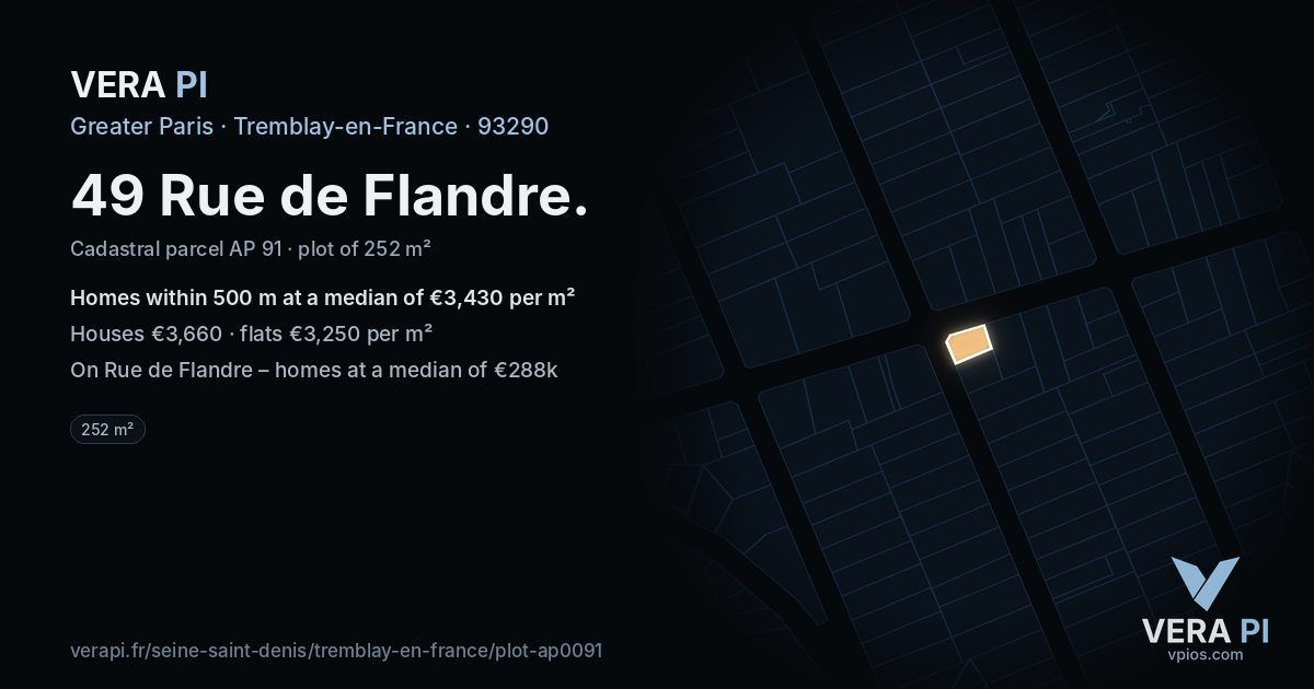 49 Rue de Flandre, Tremblay-en-France at night – the plot lit, the parcels around coloured by the prices near them