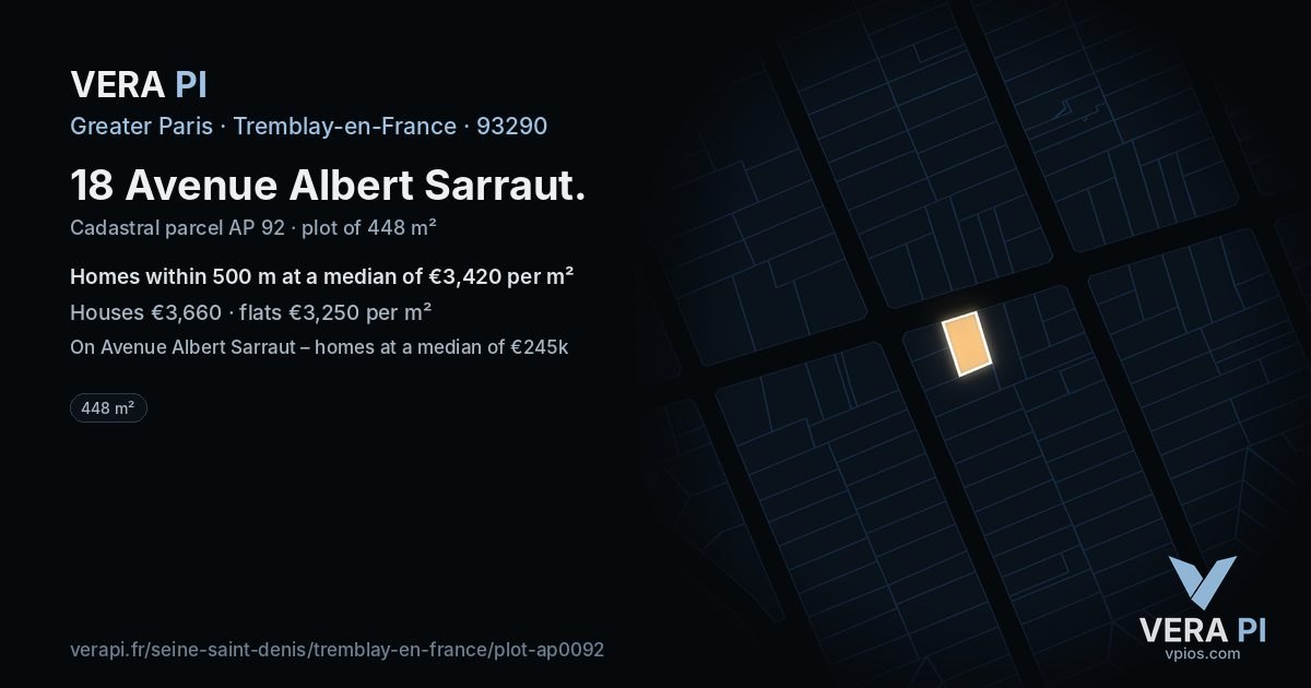 18 Avenue Albert Sarraut, Tremblay-en-France at night – the plot lit, the parcels around coloured by the prices near them