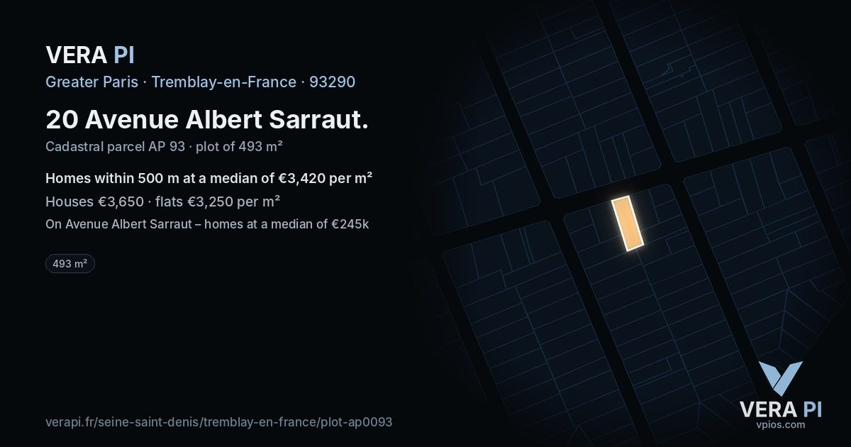 20 Avenue Albert Sarraut, Tremblay-en-France at night – the plot lit, the parcels around coloured by the prices near them