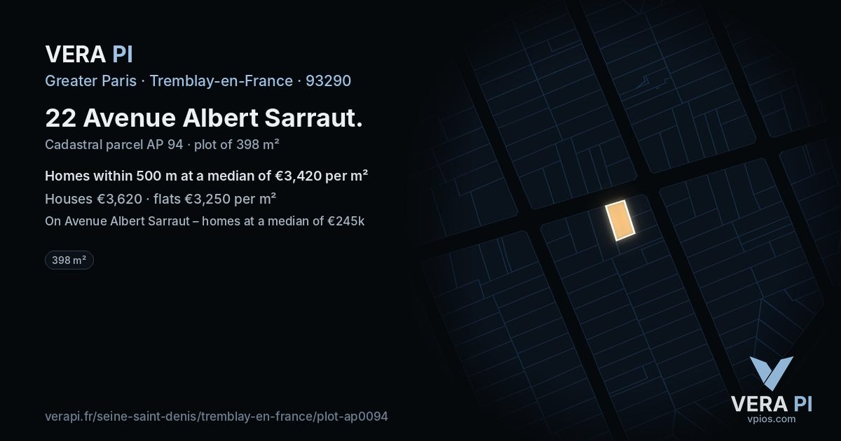 22 Avenue Albert Sarraut, Tremblay-en-France at night – the plot lit, the parcels around coloured by the prices near them