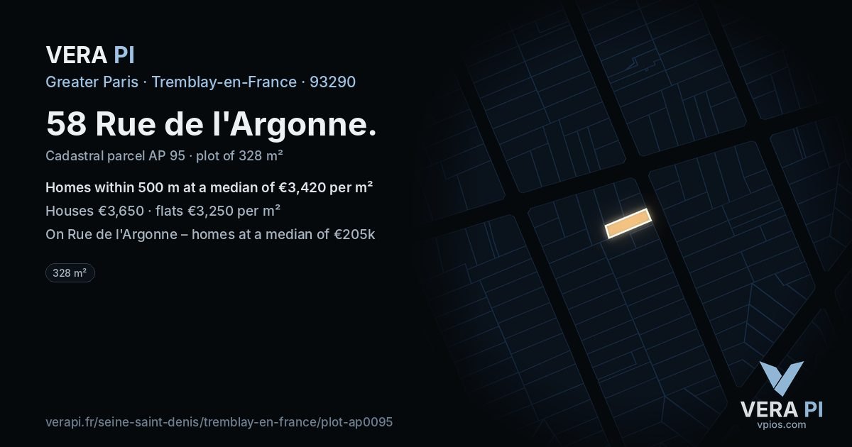 58 Rue de l'Argonne, Tremblay-en-France at night – the plot lit, the parcels around coloured by the prices near them