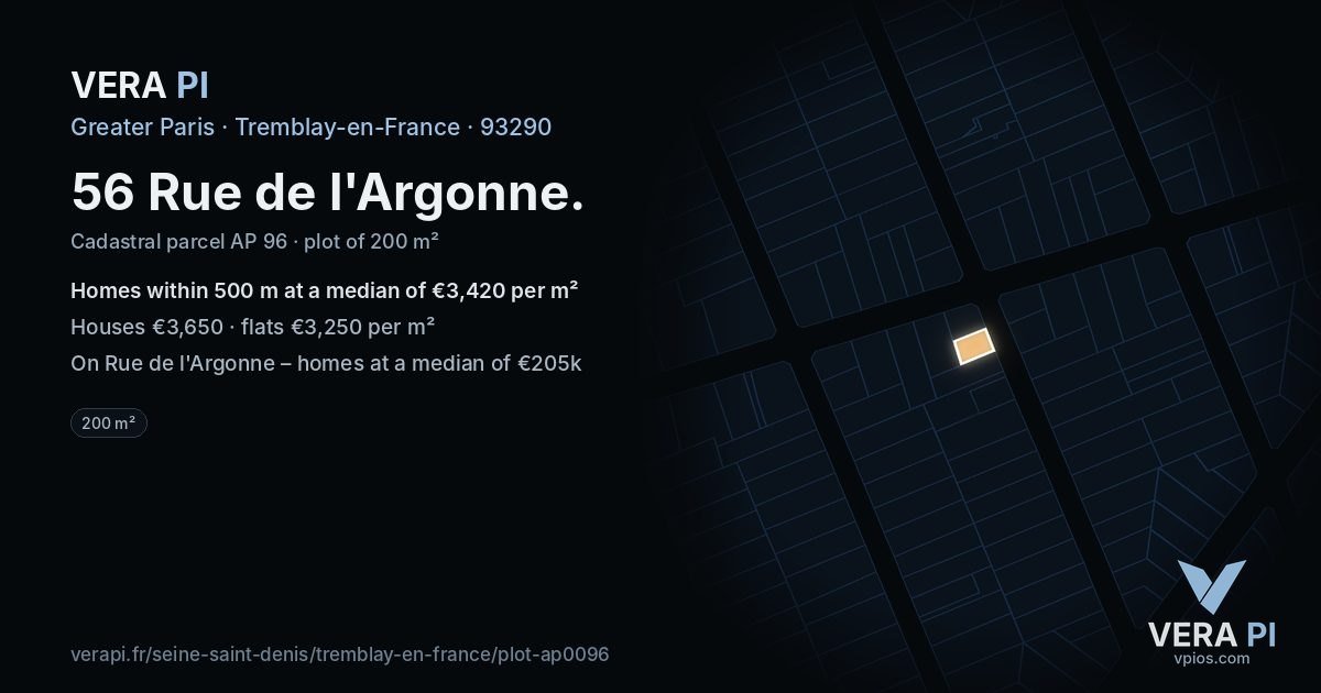 56 Rue de l'Argonne, Tremblay-en-France at night – the plot lit, the parcels around coloured by the prices near them