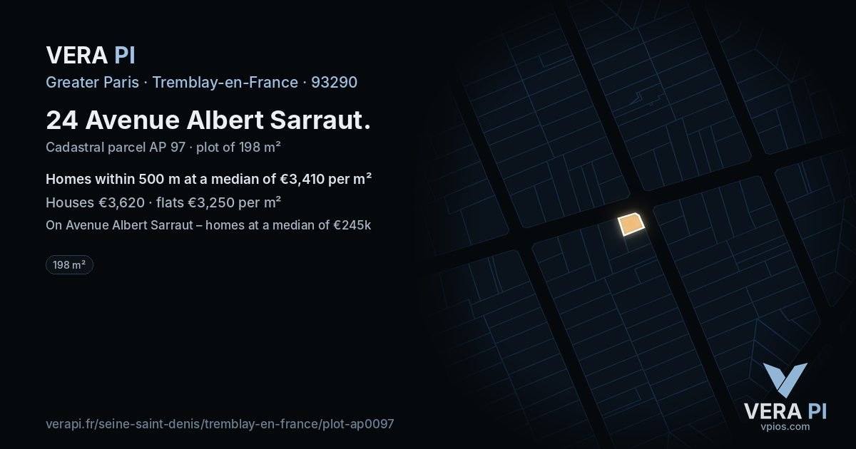 24 Avenue Albert Sarraut, Tremblay-en-France at night – the plot lit, the parcels around coloured by the prices near them