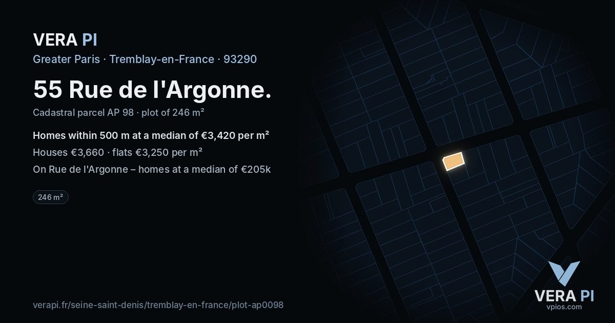 55 Rue de l'Argonne, Tremblay-en-France at night – the plot lit, the parcels around coloured by the prices near them