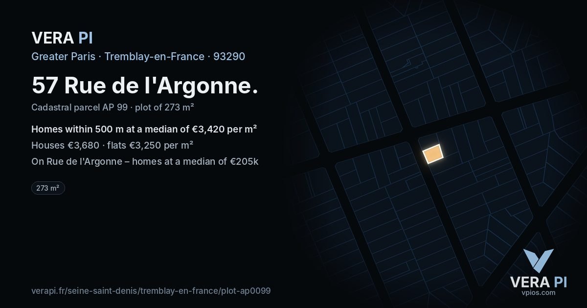 57 Rue de l'Argonne, Tremblay-en-France at night – the plot lit, the parcels around coloured by the prices near them