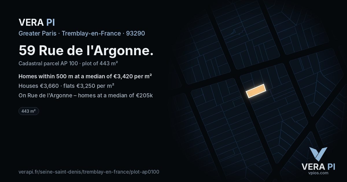 59 Rue de l'Argonne, Tremblay-en-France at night – the plot lit, the parcels around coloured by the prices near them