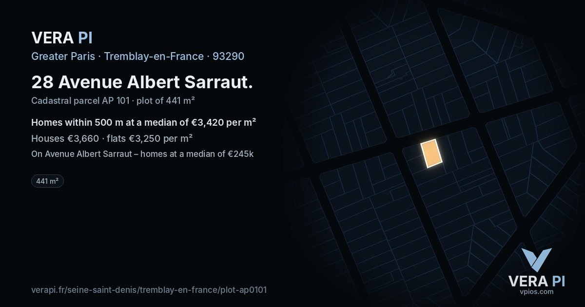 28 Avenue Albert Sarraut, Tremblay-en-France at night – the plot lit, the parcels around coloured by the prices near them