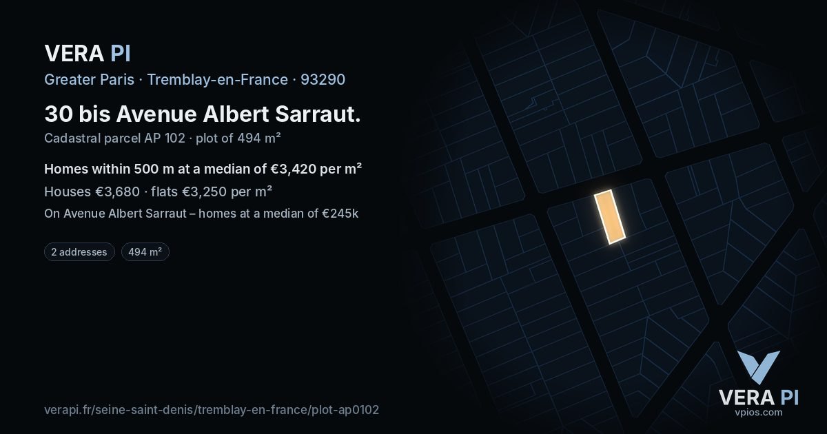 30 bis Avenue Albert Sarraut, Tremblay-en-France at night – the plot lit, the parcels around coloured by the prices near them