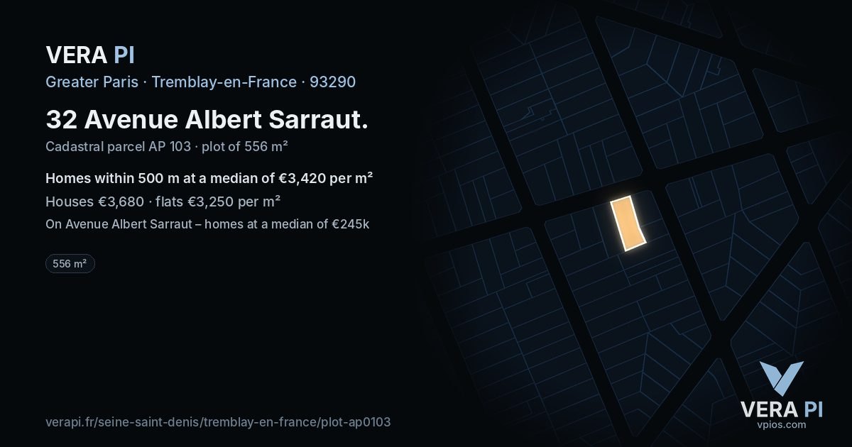 32 Avenue Albert Sarraut, Tremblay-en-France at night – the plot lit, the parcels around coloured by the prices near them