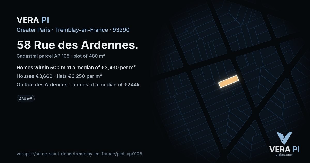 58 Rue des Ardennes, Tremblay-en-France at night – the plot lit, the parcels around coloured by the prices near them