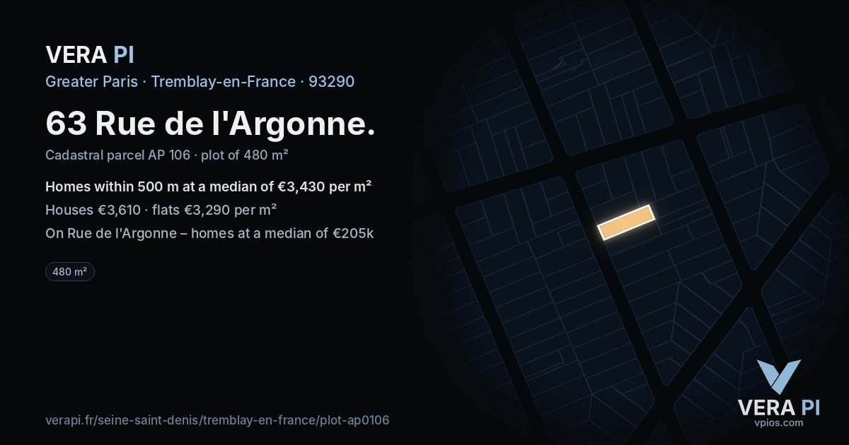 63 Rue de l'Argonne, Tremblay-en-France at night – the plot lit, the parcels around coloured by the prices near them