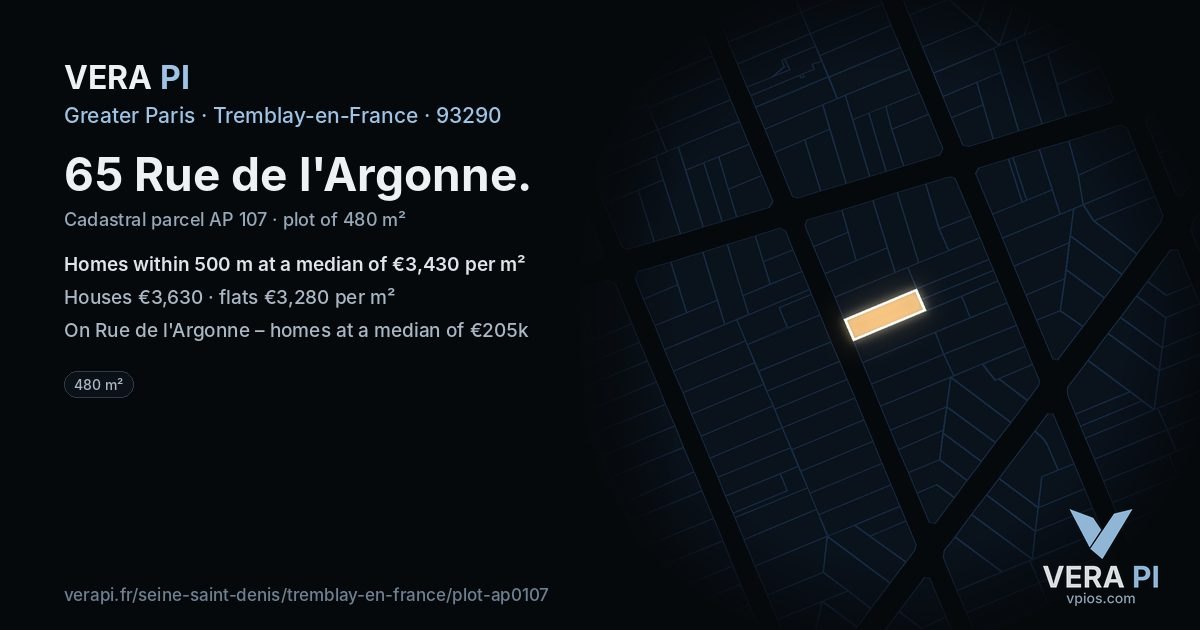 65 Rue de l'Argonne, Tremblay-en-France at night – the plot lit, the parcels around coloured by the prices near them