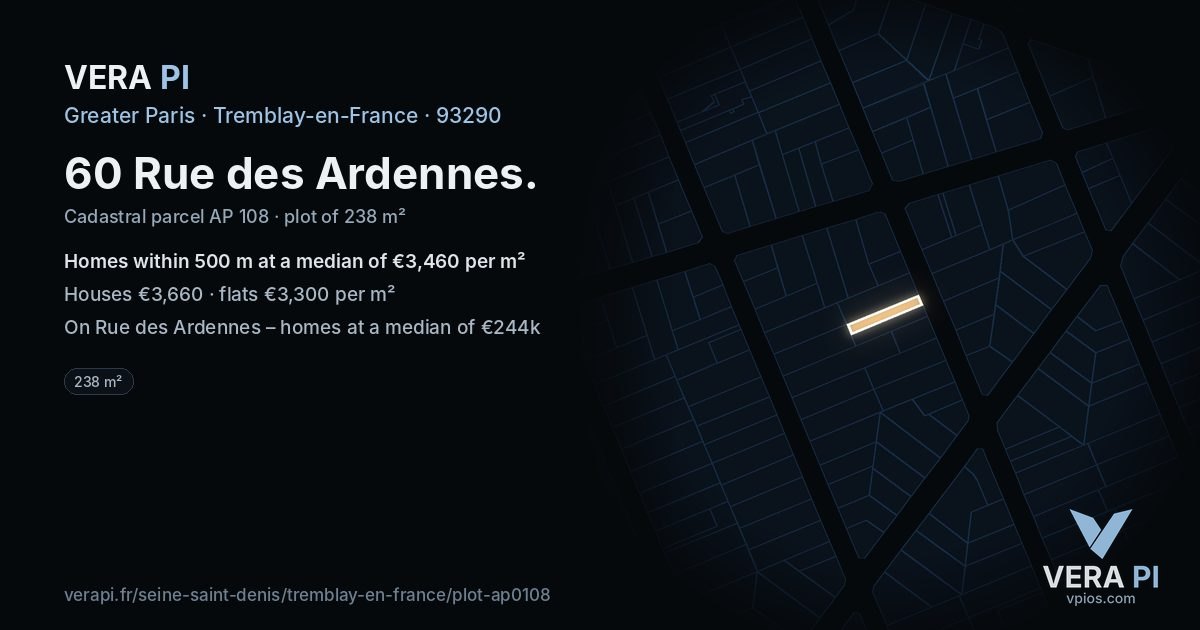 60 Rue des Ardennes, Tremblay-en-France at night – the plot lit, the parcels around coloured by the prices near them