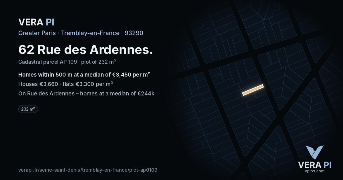 62 Rue des Ardennes, Tremblay-en-France at night – the plot lit, the parcels around coloured by the prices near them