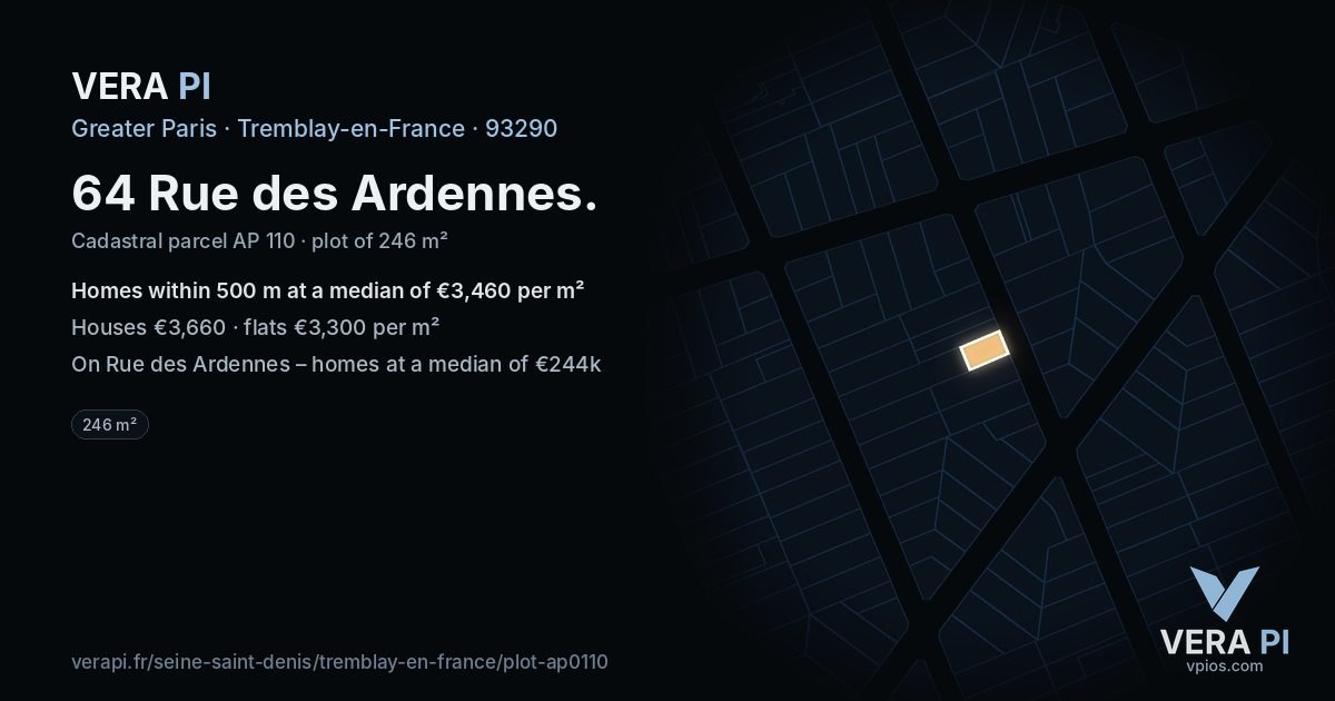 64 Rue des Ardennes, Tremblay-en-France at night – the plot lit, the parcels around coloured by the prices near them