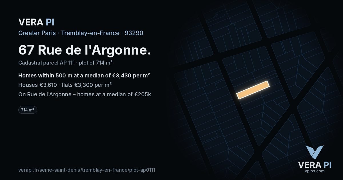 67 Rue de l'Argonne, Tremblay-en-France at night – the plot lit, the parcels around coloured by the prices near them