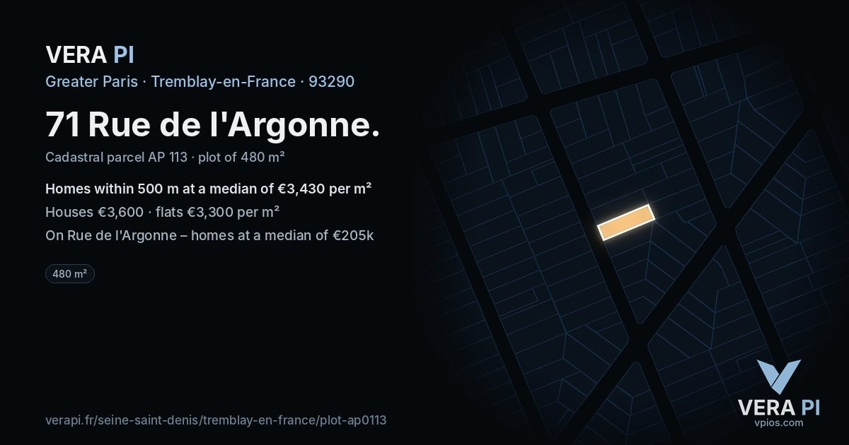 71 Rue de l'Argonne, Tremblay-en-France at night – the plot lit, the parcels around coloured by the prices near them