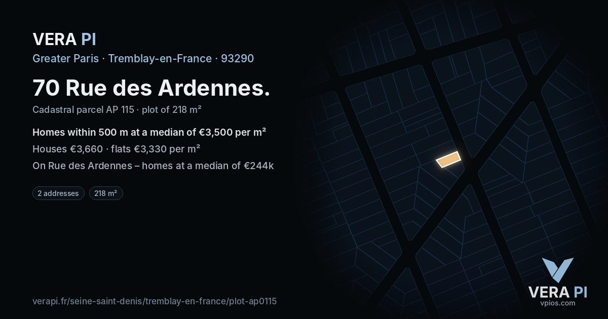 70 Rue des Ardennes, Tremblay-en-France at night – the plot lit, the parcels around coloured by the prices near them
