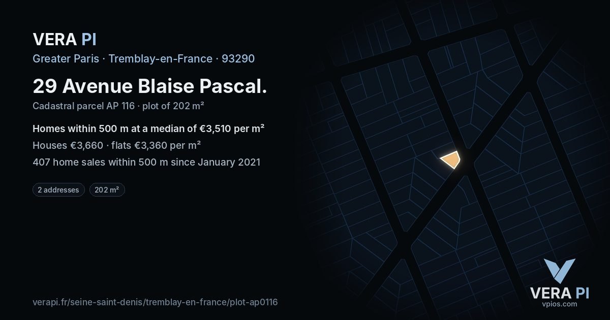 29 Avenue Blaise Pascal, Tremblay-en-France at night – the plot lit, the parcels around coloured by the prices near them
