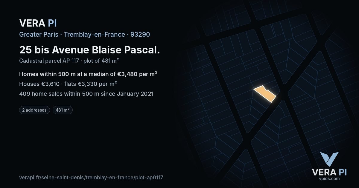 25 bis Avenue Blaise Pascal, Tremblay-en-France at night – the plot lit, the parcels around coloured by the prices near them