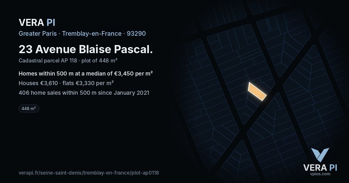23 Avenue Blaise Pascal, Tremblay-en-France at night – the plot lit, the parcels around coloured by the prices near them