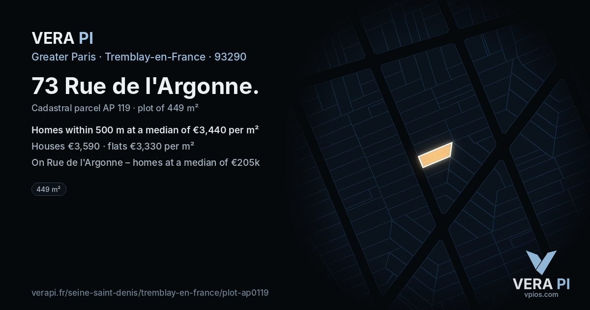 73 Rue de l'Argonne, Tremblay-en-France at night – the plot lit, the parcels around coloured by the prices near them