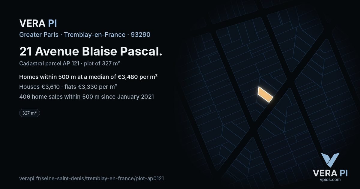 21 Avenue Blaise Pascal, Tremblay-en-France at night – the plot lit, the parcels around coloured by the prices near them
