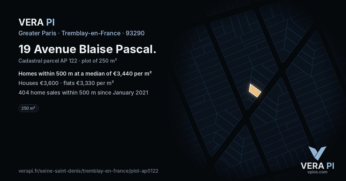 19 Avenue Blaise Pascal, Tremblay-en-France at night – the plot lit, the parcels around coloured by the prices near them