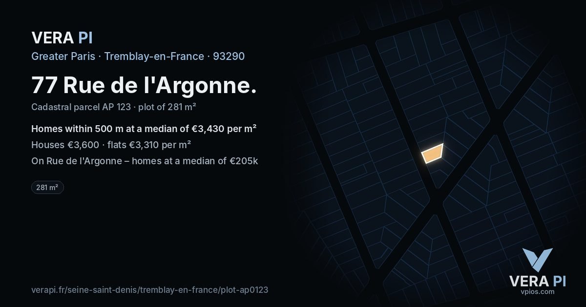 77 Rue de l'Argonne, Tremblay-en-France at night – the plot lit, the parcels around coloured by the prices near them