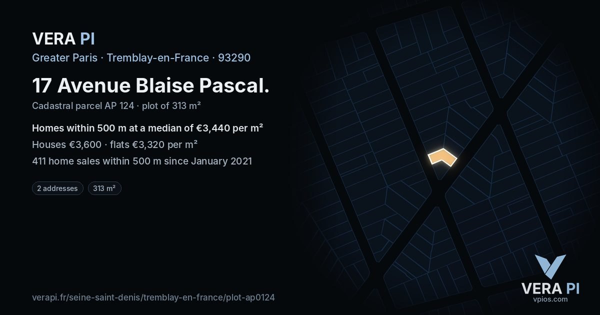 17 Avenue Blaise Pascal, Tremblay-en-France at night – the plot lit, the parcels around coloured by the prices near them