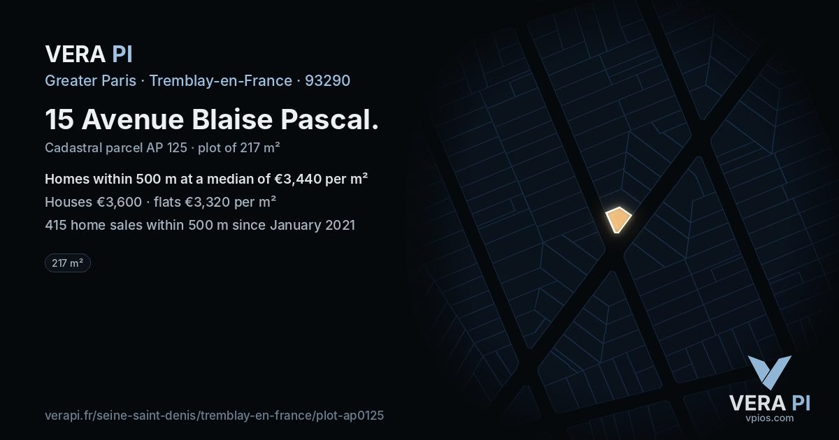 15 Avenue Blaise Pascal, Tremblay-en-France at night – the plot lit, the parcels around coloured by the prices near them