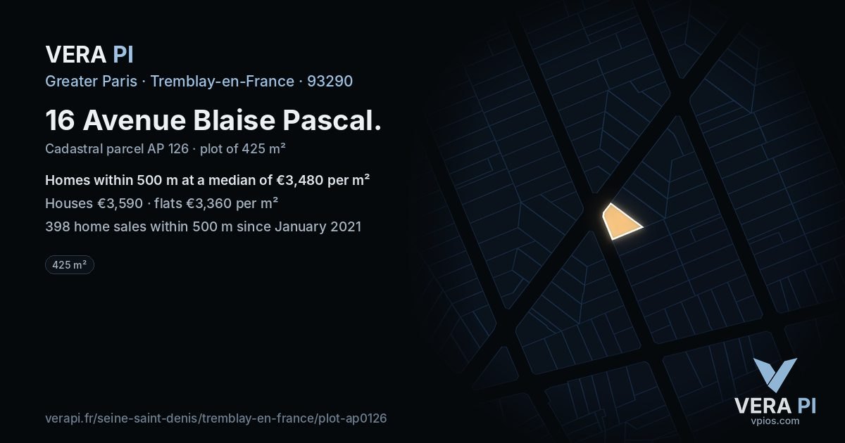 16 Avenue Blaise Pascal, Tremblay-en-France at night – the plot lit, the parcels around coloured by the prices near them