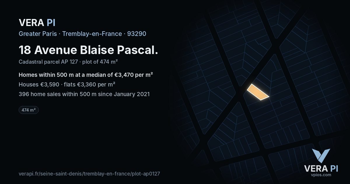 18 Avenue Blaise Pascal, Tremblay-en-France at night – the plot lit, the parcels around coloured by the prices near them