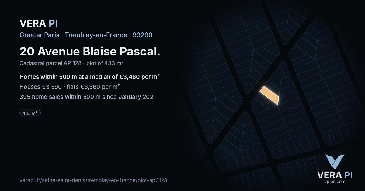 20 Avenue Blaise Pascal, Tremblay-en-France at night – the plot lit, the parcels around coloured by the prices near them