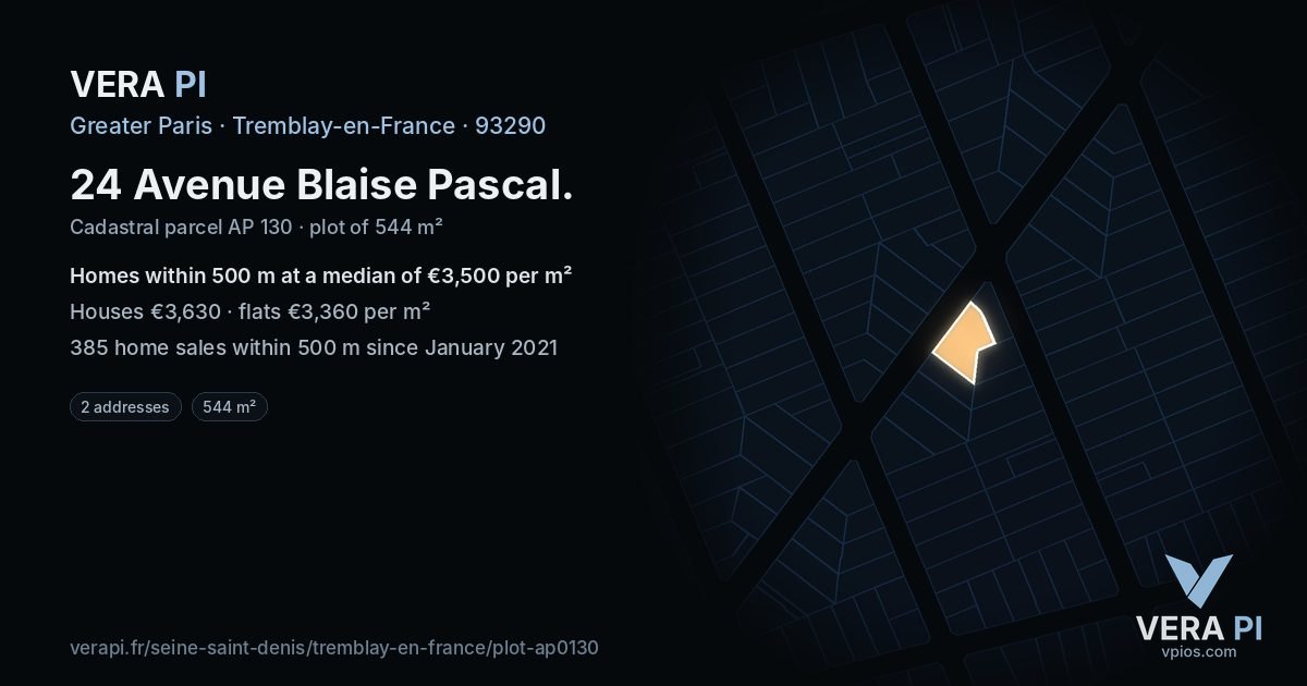 24 Avenue Blaise Pascal, Tremblay-en-France at night – the plot lit, the parcels around coloured by the prices near them