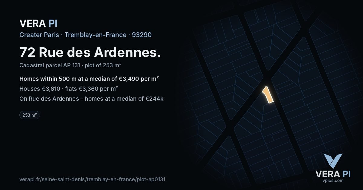 72 Rue des Ardennes, Tremblay-en-France at night – the plot lit, the parcels around coloured by the prices near them