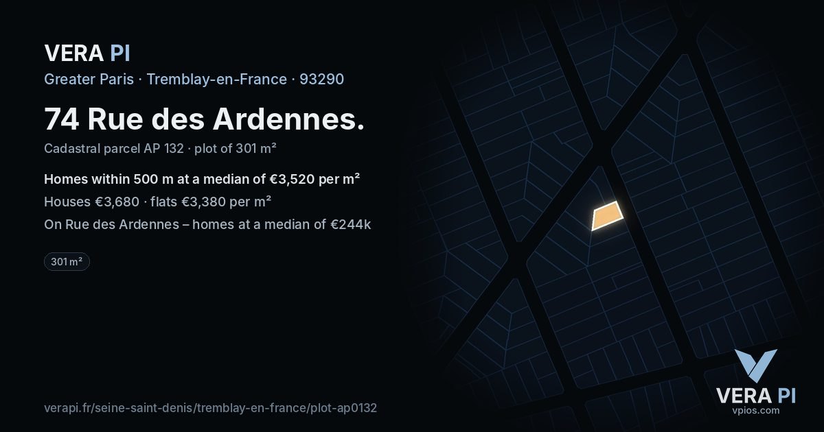 74 Rue des Ardennes, Tremblay-en-France at night – the plot lit, the parcels around coloured by the prices near them