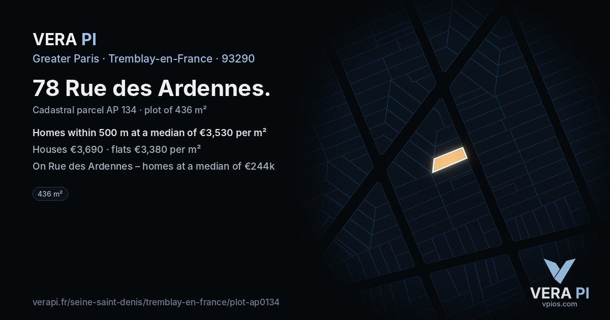 78 Rue des Ardennes, Tremblay-en-France at night – the plot lit, the parcels around coloured by the prices near them