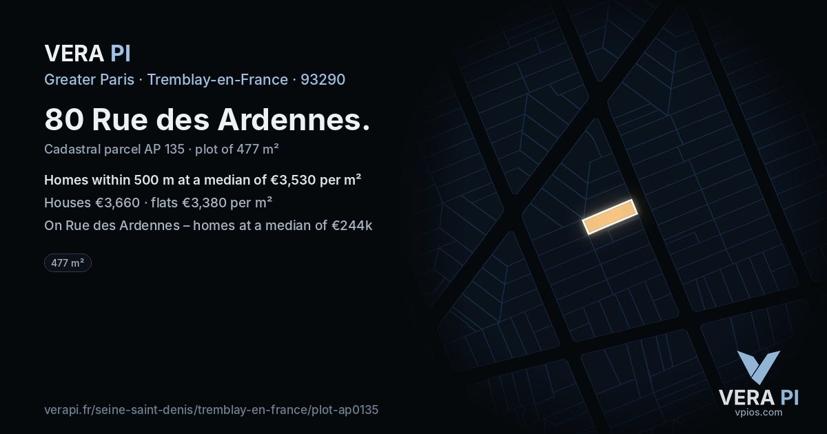 80 Rue des Ardennes, Tremblay-en-France at night – the plot lit, the parcels around coloured by the prices near them
