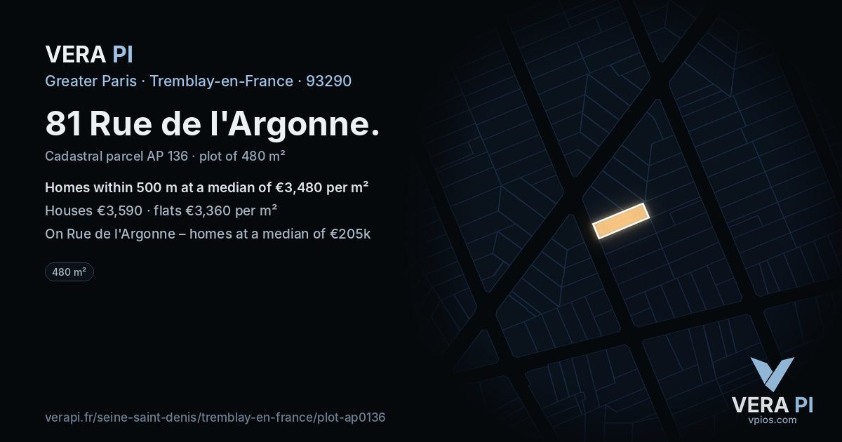 81 Rue de l'Argonne, Tremblay-en-France at night – the plot lit, the parcels around coloured by the prices near them