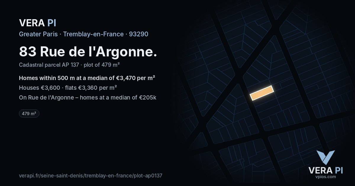 83 Rue de l'Argonne, Tremblay-en-France at night – the plot lit, the parcels around coloured by the prices near them