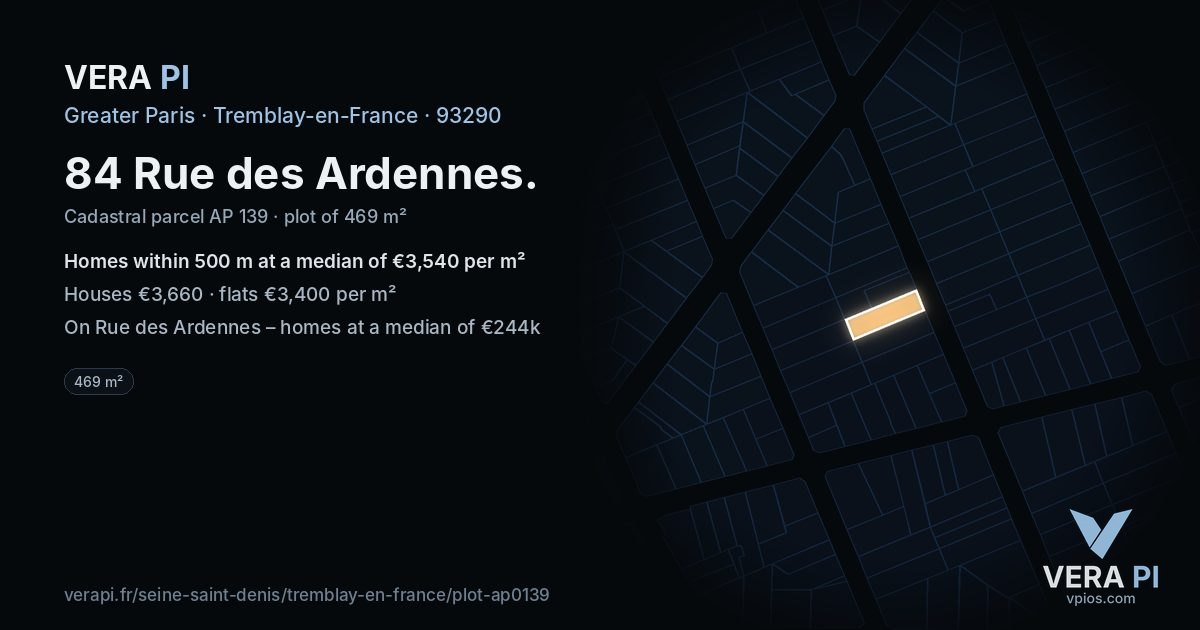 84 Rue des Ardennes, Tremblay-en-France at night – the plot lit, the parcels around coloured by the prices near them