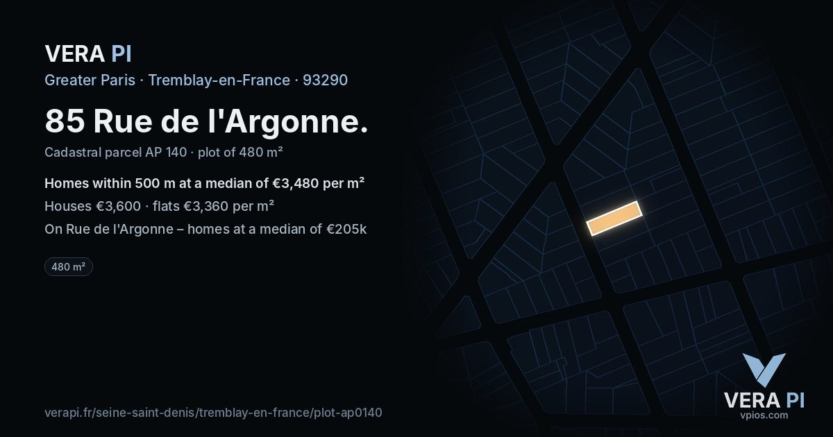 85 Rue de l'Argonne, Tremblay-en-France at night – the plot lit, the parcels around coloured by the prices near them