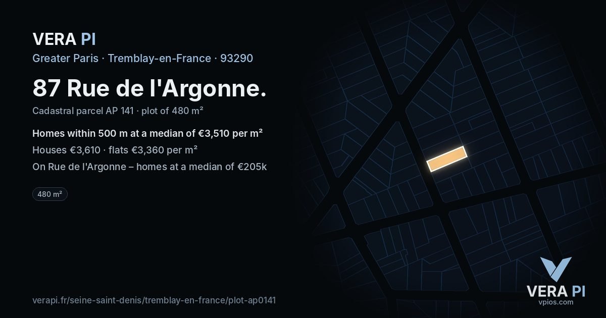 87 Rue de l'Argonne, Tremblay-en-France at night – the plot lit, the parcels around coloured by the prices near them