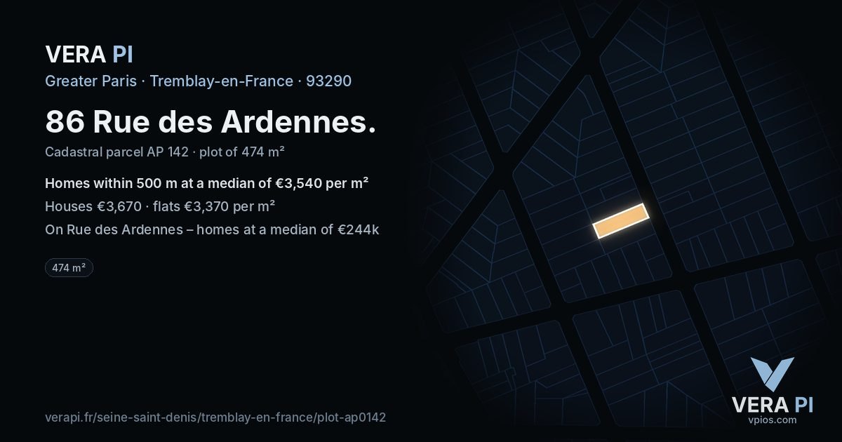 86 Rue des Ardennes, Tremblay-en-France at night – the plot lit, the parcels around coloured by the prices near them